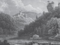 Burgruine Erfenstein (links), Ansicht von Westen, Stahlstich, gezeichnet von Theo dor Verhas, gestochen von Carl Frommel u. Henry Winkles, vor 1840 (aus: WEISS 1840, nach S. 74)