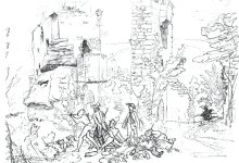 Burgruine Spangenberg, &bdquo;Jagdgesellschaft vor der Burg&ldquo;, Ansicht von S&uuml;dosten, Zeichnung von Heinrich Jakob Fried, 1825 (aus: Wilhelm STEIGELMANN,Heinrich Jakob Frieds Burgenwanderungen im Elmsteiner Tale vor 150 Jahren [1825-1975], Rhodt unter Rietburg 1975, [Taf. 3])