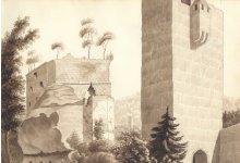 Burgruine Spangenberg, aquarellierte Federzeichnung von N.N., Ansicht von Südosten mit Schildmauer und Treppenturm, 1830 (InstA KL, Slg. 10, Nr. 35)