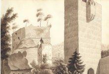 Burgruine Spangenberg, aquarellierte Federzeichnung von N.N., Ansicht von S&uuml;dosten mit Schildmauer und Treppenturm, 1830 (InstA KL, Slg. 10, Nr. 35)