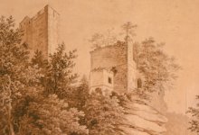 Ruine Spangenberg, Palas der Oberburg, Treppenturm und Schildmauern, Sepiazeichnung von Peter Gayer, vor 1836 (Historisches Museum der Pfalz, Bilderslg. Peter Gayer, Nr. 9)