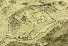 Burg Spangenberg und &bdquo;Stutgarten&ldquo; (r.), Ausschnitt aus einer Karte von 1748 (LA SP, W 1, Nr. 7753)