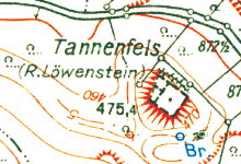 Burgruine Tannenfels, Lage und Grundriss (aus: Karte „Ringwälle auf dem Donnersberg, Gemeinde Dannenfels, Kreis Kirchheimbolanden, hrsg. v. Landesvermessungsamt Rheinland-Pfalz, [o. O.] 1966)
