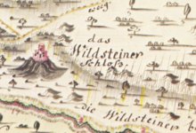 Burg Wildenstein, Ausschnitt aus der Karte des Nassau-Weilburgischen Domänenbesitzes am Donnersberg v. C. A. Weimar, 1761-62 (aus: ENGELS 1981, Kartenanhang)