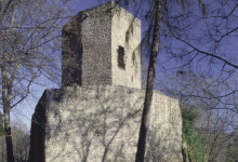 Burgruine Alt-Wolfstein, Schildmauer und Bergfried von Südwesten, 2001 (Aufnahme: Uwe Welz)