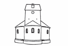 Abb. 1: Strichzeichnung der tausendjährigen Kirche St. Stefanus in Böckweiler mit drei charakteristischen Konchen um den Chorturm, von denen die mittlere als Apsis fungiert.