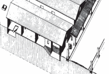 Abb. 7: Rekonstruktions-Studie der Bebauung von Gewerbevierteln in römischen Siedlungen. Sogenannte Streifenhäuser, teilweise unterkellert, giebelseitig zur Straße stehend, mit Verkaufsläden unter dem Dach eines Säulenganges. Auf der Rückseite Gärten mit Wasserschächten. So auch in Bliesbruck. Aus Geiger, M., G. Preuß & K.-H. Rothenberger (Hrsg.): Der Rhein und die Pfälzische Rheinebene.