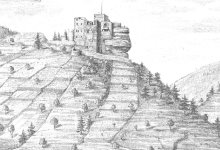 Burgruine Frankenstein, Zeichnung von Julius Naeher, vor 1887 (aus: NAEHER 1887, Bl. 6)